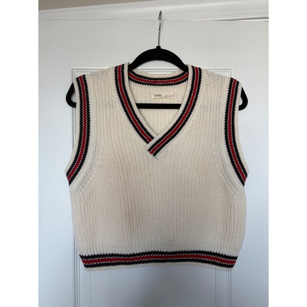 Pull&Bear Cream V-Neck Striped Trim Knit Sweater Vest Preppy Varsity Medium
